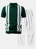 Stripe Johnny Collar Knit Polo & Straight Leg Ribbed Pants