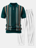 Stripe Knit Zip Up Polo Shirt & Straight Leg Ribbed Pants