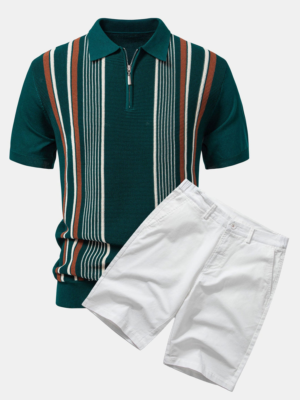 Stripe Knit Zip Up Polo Shirt & Cotton Chino Shorts