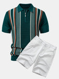 Stripe Knit Zip Up Polo Shirt & Cotton Chino Shorts