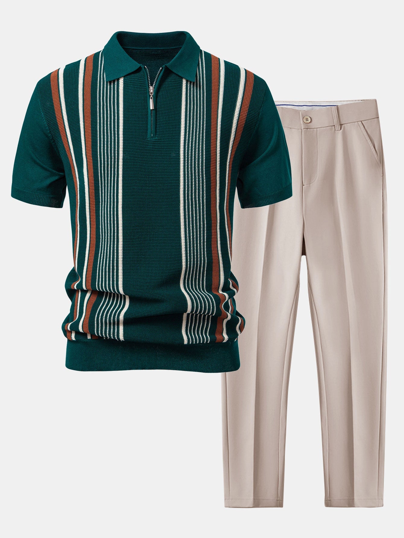 Stripe Knit Zip Up Polo Shirt & Slim Fit Tapered Trousers