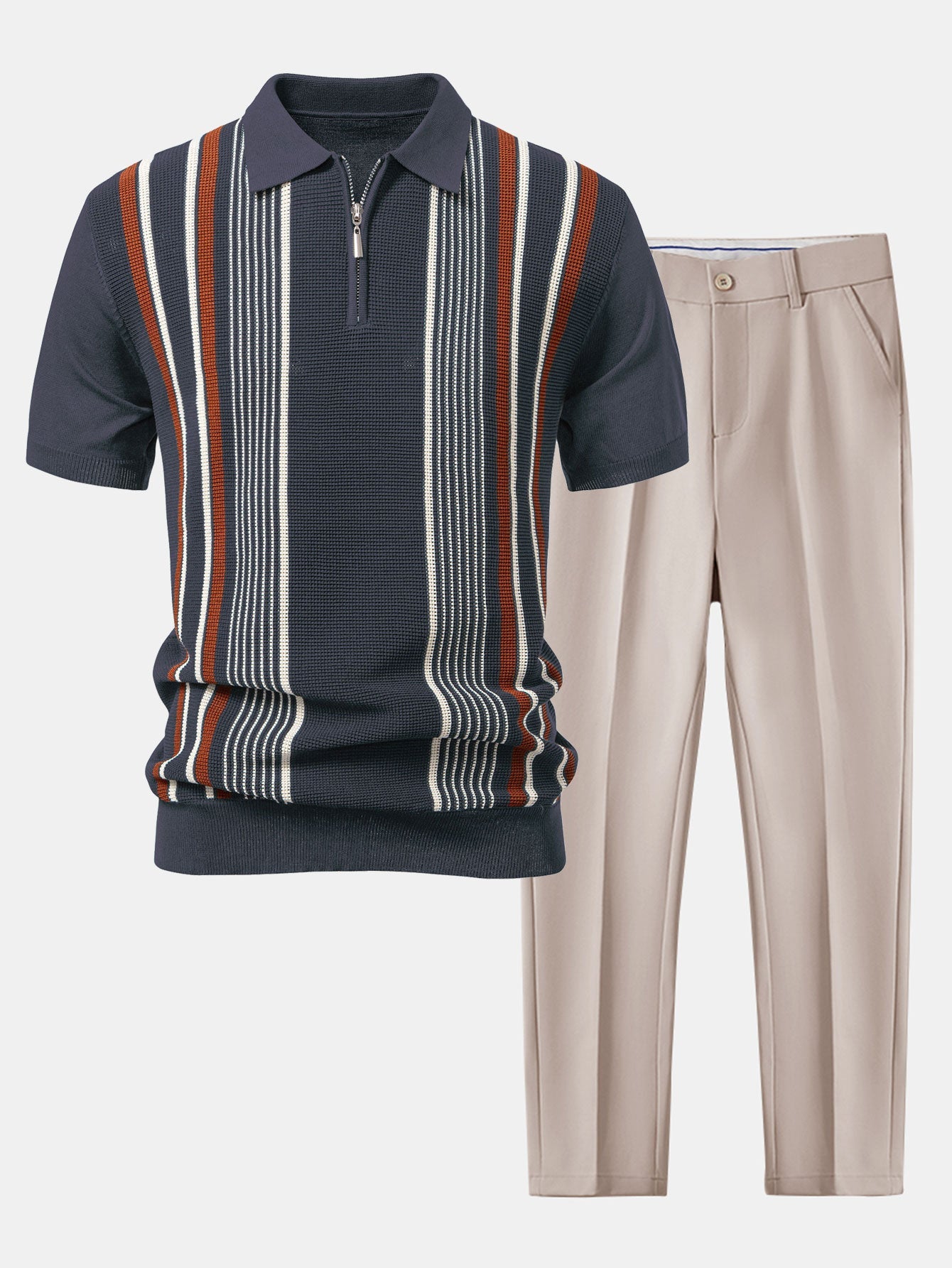 Stripe Knit Zip Up Polo Shirt & Slim Fit Tapered Trousers