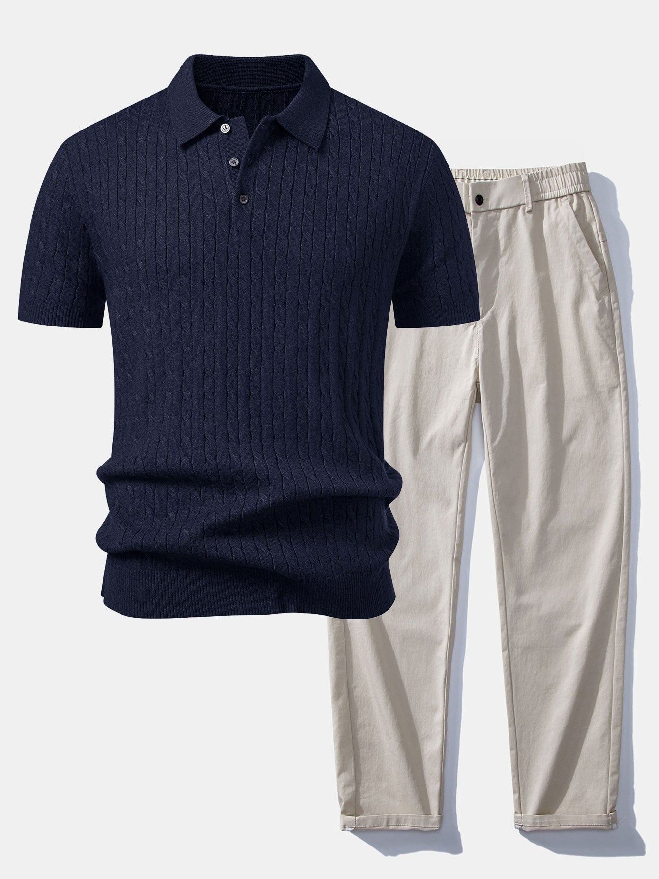 Twisted Jacquard Knit Polo & Elastic Waist Straight Leg Trousers