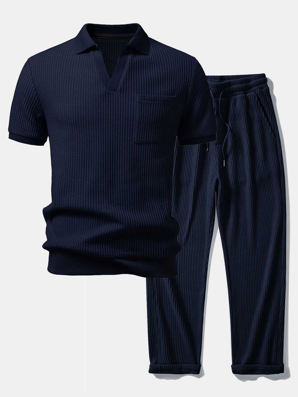 Waffle Johnny Collar Polo With Pocket & Drawstring Knitted Waffle Pants