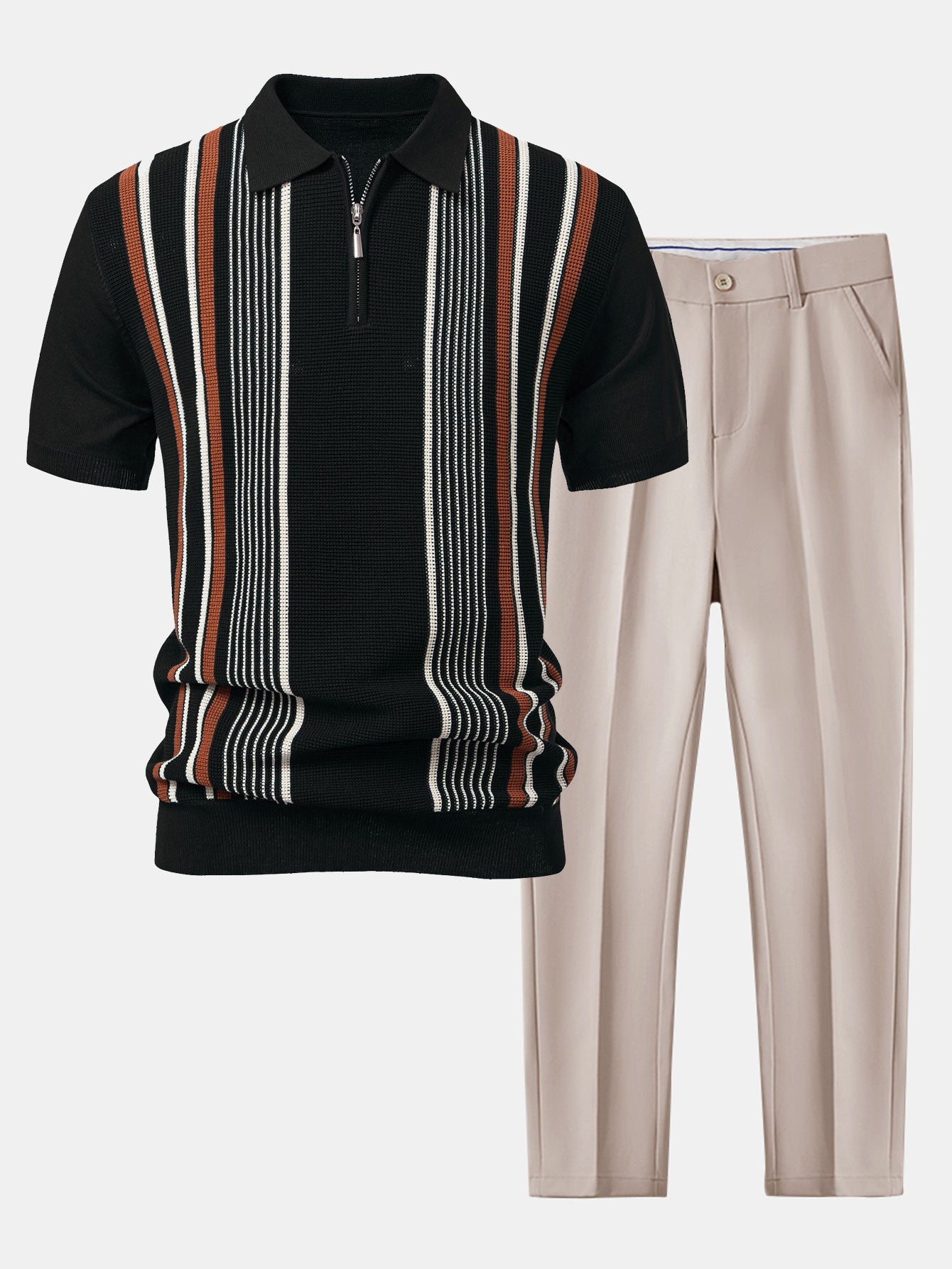 Stripe Knit Zip Up Polo Shirt & Slim Fit Tapered Trousers