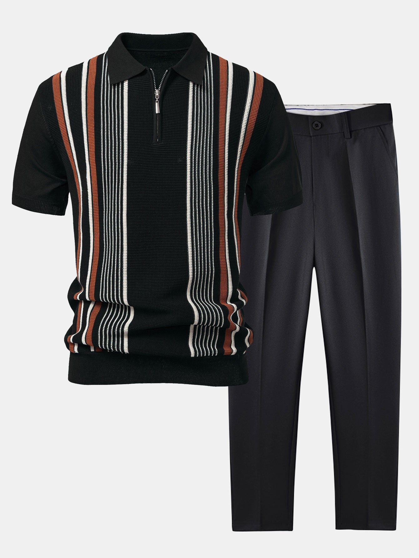 Stripe Knit Zip Up Polo Shirt & Slim Fit Tapered Trousers