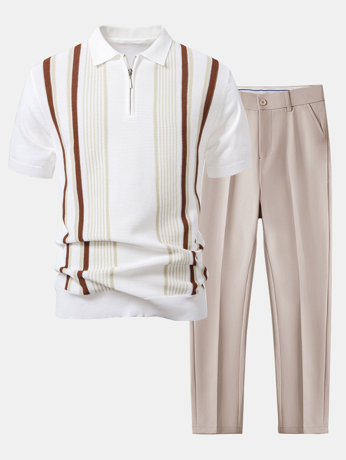 Stripe Knit Zip Up Polo Shirt & Slim Fit Tapered Trousers