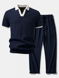 Contrast Knit Waffle Johnny Collar Polo & Drawstring Knitted Waffle Pants