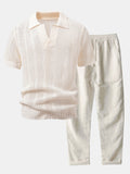Relax Fit Crochet V Neck Knit Polo & Straight Leg Linen Pants