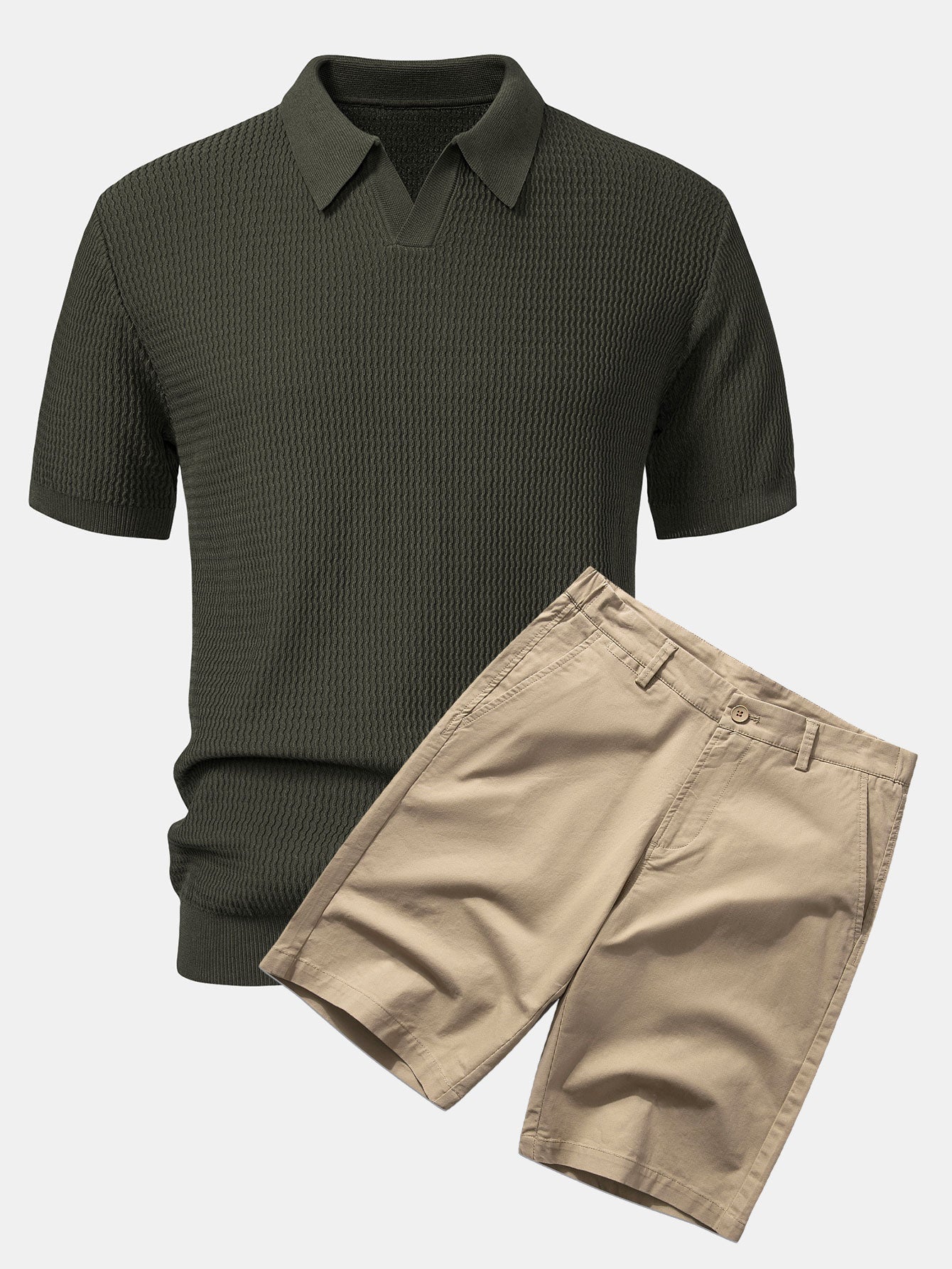 Wave Jacquard Knit V Neck Polo Shirt & Cotton Chino Shorts
