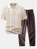 Relax Fit Geometry Crochet V Neck Knit Polo & Straight Leg Linen Pants