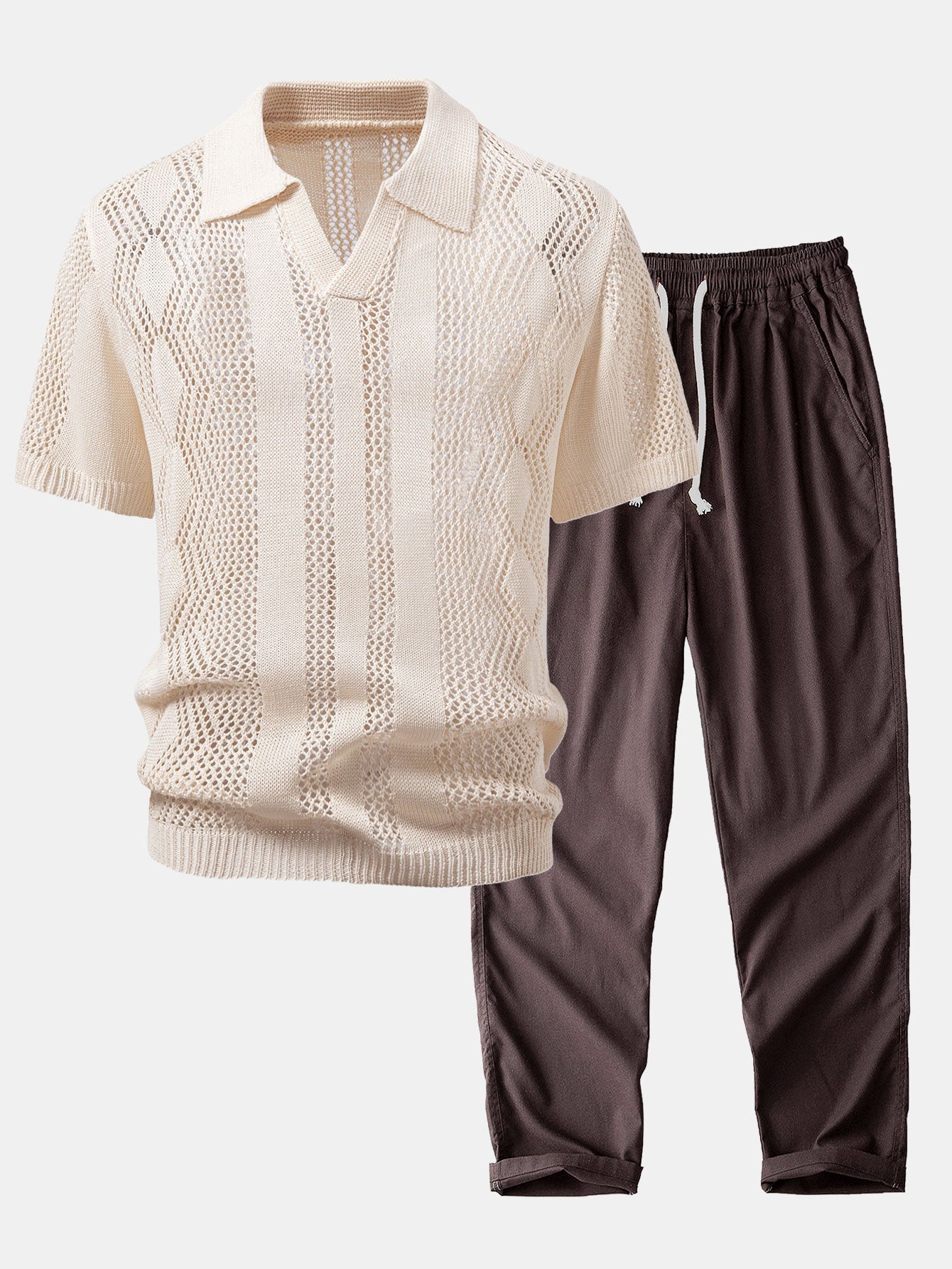 Relax Fit Geometry Crochet V Neck Knit Polo & Straight Leg Linen Pants