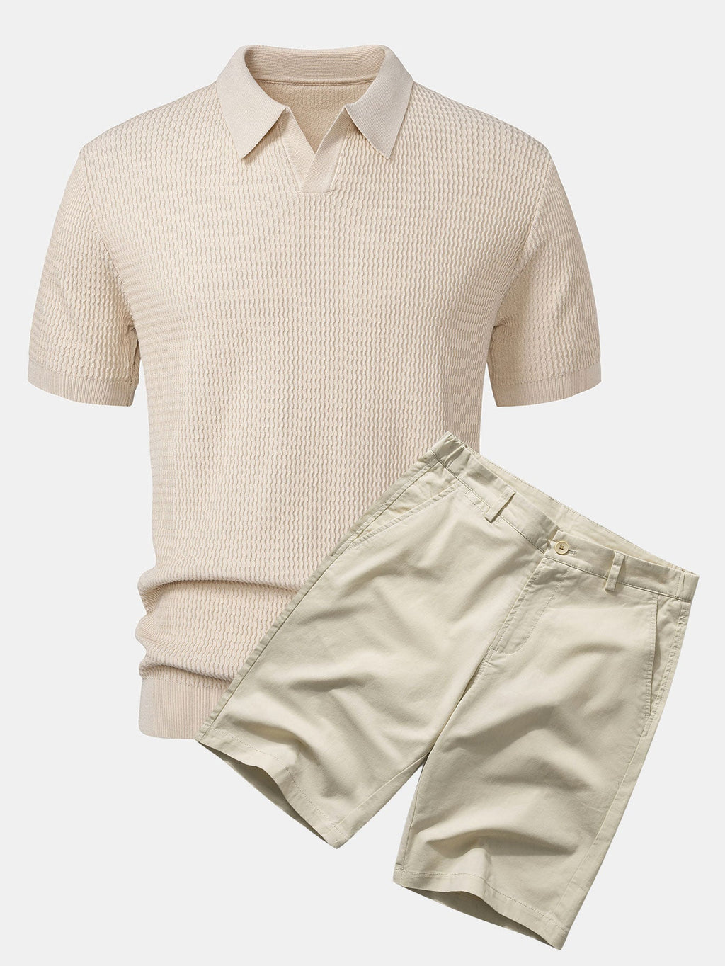 Wave Jacquard Knit V Neck Polo Shirt & Cotton Chino Shorts