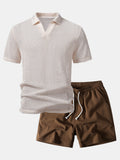 Relax Fit Crocheted V Neck Polo & Crinkle Textured Drawstring 5" Shorts